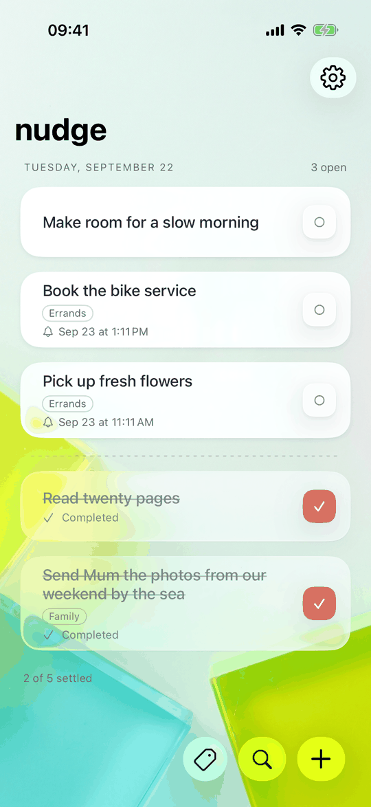 The nudge board with open and completed tasks